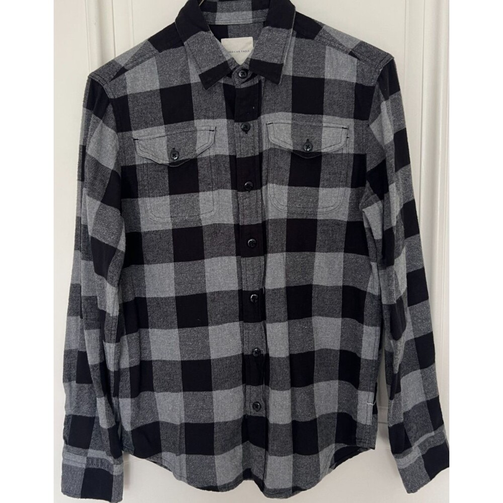 American Eagle AEO Gray Black Buffalo Check Flannel Shirt Size S